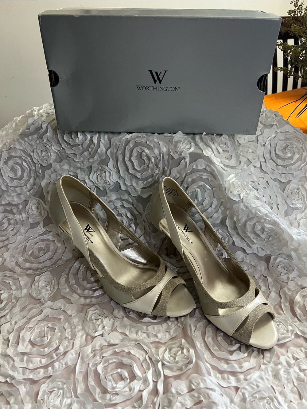 Worthington Two-Tone Cream and Taupe Peep-Toe Heels